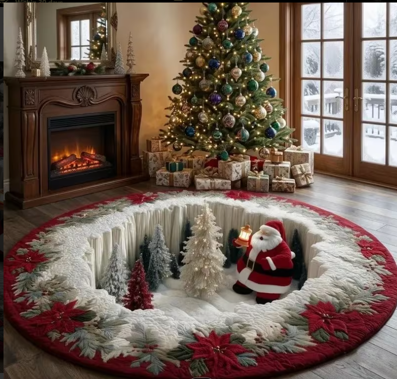 Christmas Round Tree Skirt Rug – 2D Santa Christmas Holiday Decor